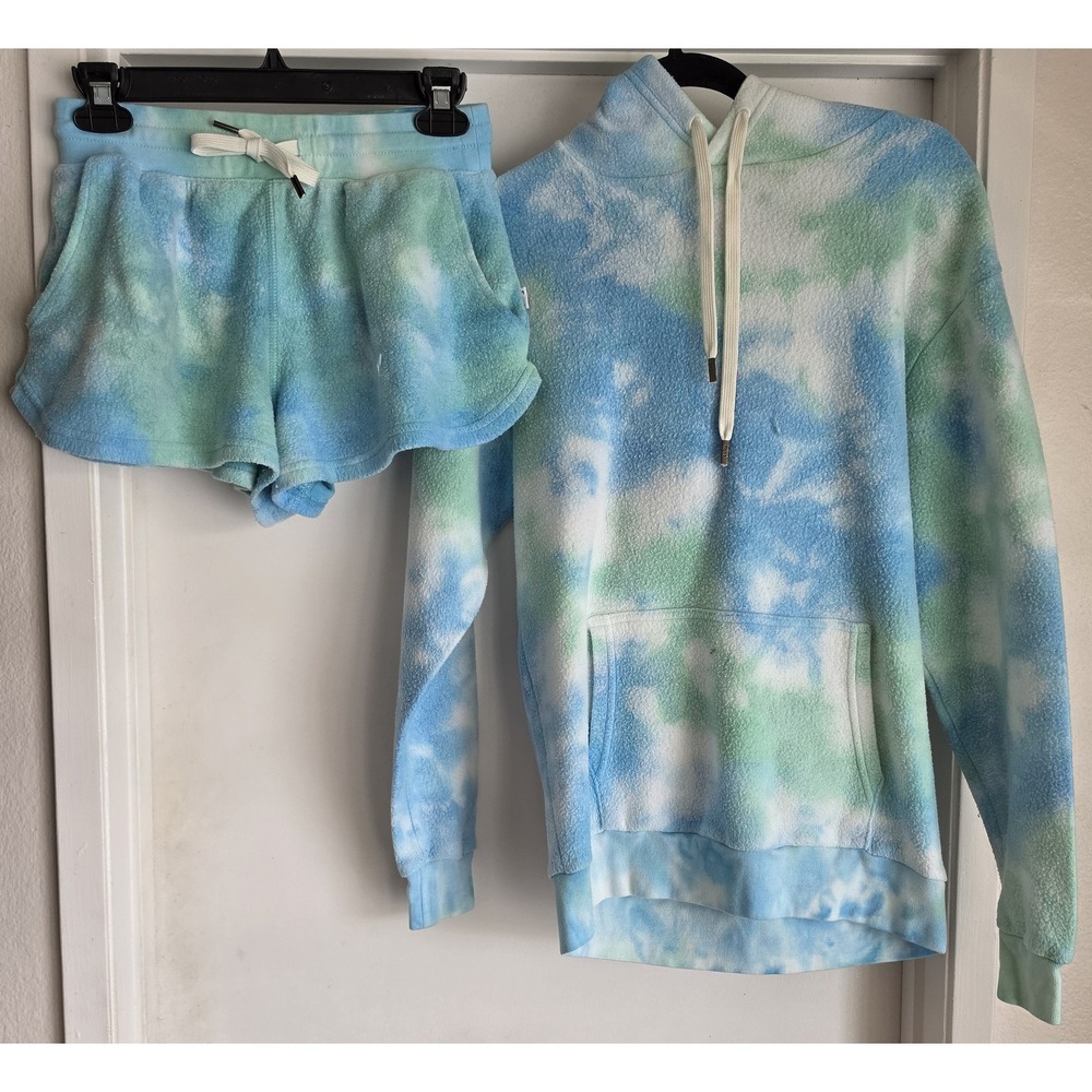 Feat Activewear Set XS Tie-Dye Blue Green Hoodie Shorts Athleisure 2 Piece